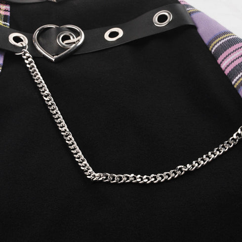 Punk purple checked splicing black pleated short skirt KW175